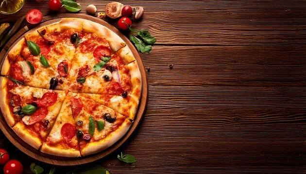 Banner with Pizza on Rustic Wood Background: Greeting Card Template with Copy Space