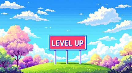 Pixel art landscape featuring a Level Up message, symbolizing development and growth. Ideal for gaming, progress, and personal development themes.