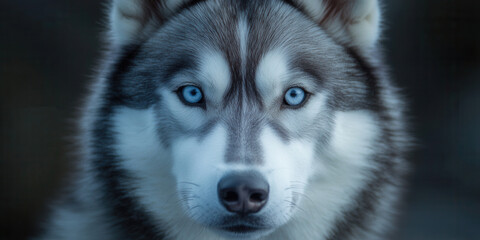 Magnificent husky with striking blue eyes captures attention in serene wilderness at dusk