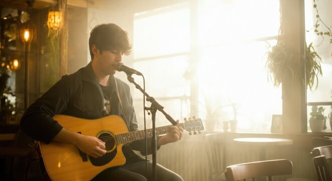 Young caucasian male guitarist performing in cozy cafe with soft lighting