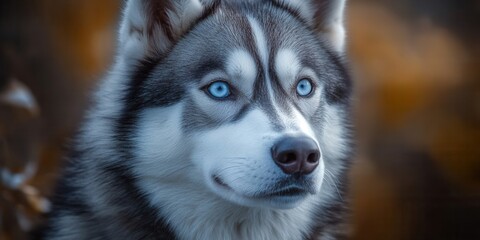 Siberian husky with striking blue eyes gazes thoughtfully at the surroundings in an autumn landscape during early morning light