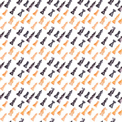 Watercolor seamless drawing with black and gold chess pieces