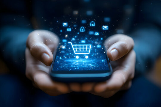 Hands holding phone, shopping cart icon, digital shopping.