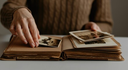 Caucasian adult female organizing vintage family photos in an album
