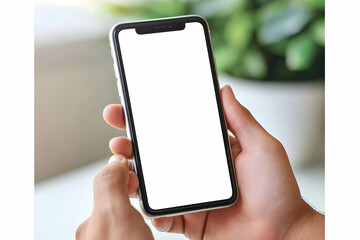 Hands holding smartphone with blank screen.