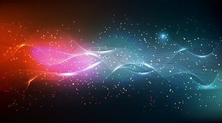 Fototapeta premium Wavy line abstract background. Purple pattern of speed tech landscape waves and magic golden star dust. Ai blue neon flare shimmer lights and connect data mesh. Particle flow digital futuristic effect