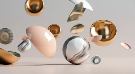 Abstract composition of floating metallic and marble spheres