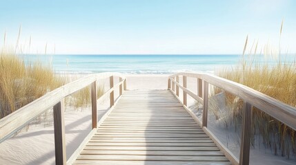 Wooden boardwalk leading to a beach. Light-colored wood, railings, dune grass. Ocean and blue sky in the background. Bright and sunny mood.