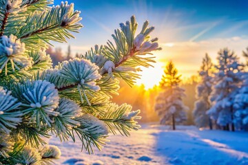 Captivating Frosted Pine Branches Glistening in Winter Sunlight - Nature's Beauty in the Snowy Landscape
