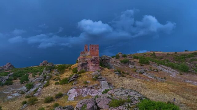 Landscape at the castle of Zafra (12th century). Municipality Campillo Due&ntilde;as. Aerial view from drone. Molina Alto Tajo Geopark. Alto Tajo Natural Park. Guadalajara. Castilla la Mancha. Spain. Europe