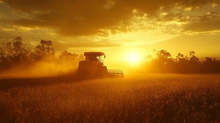 Fototapeta premium Harvesting at sunset; golden hour light illuminating combine harvester in a wheat field.