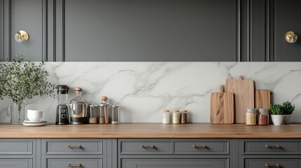 Modern Kitchen Countertop With Appliances And Ingredients