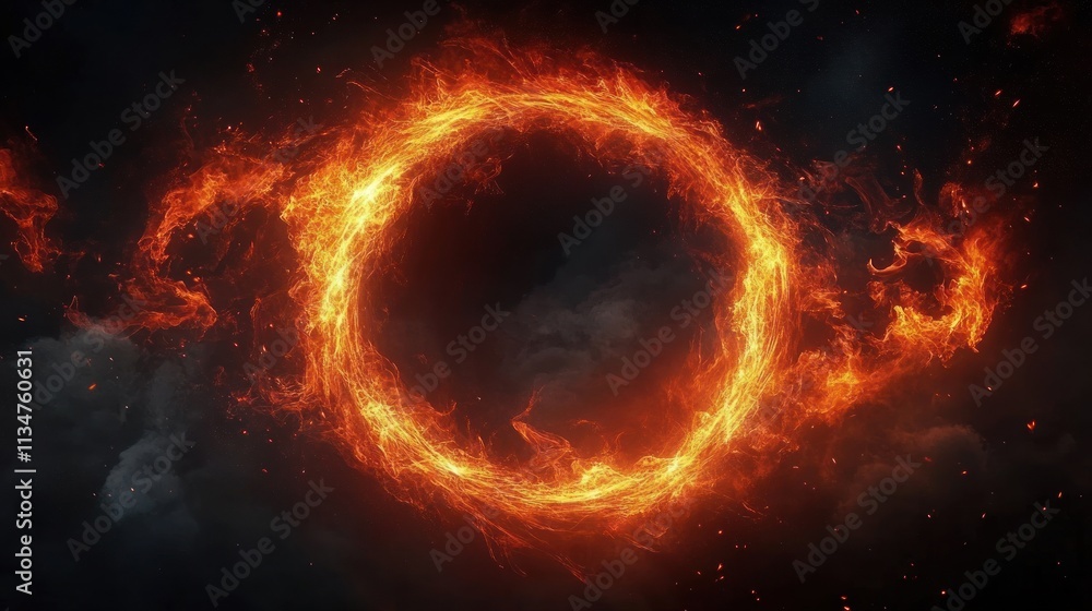 Poster fiery circle of light abstract digital art with movement and depth on dark smoky background