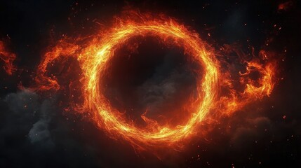 Fiery Circle of Light Abstract Digital Art with Movement and Depth on Dark Smoky Background
