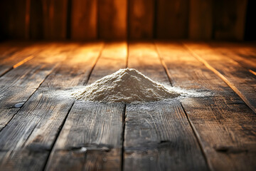 Heap of flour on rustic wooden table.
