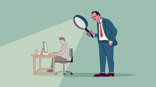 Angry Boss or Manager Control a Poor Employee working on desk using Magnifying glass concept animation. Micromanaging, Boss over Watching his Worker. Supervisor Oversight