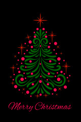 Merry Christmas. Greeting card or invitation template with green lacy Christmas tree, red balls and stars on black background.