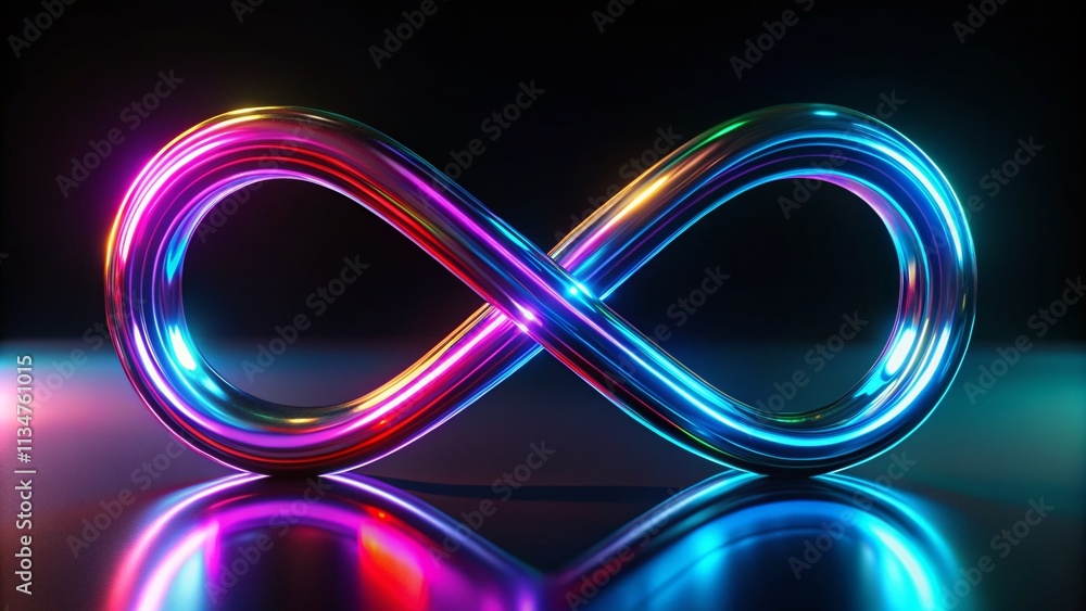 Poster captivating glass infinity symbol glowing with neon colors in a 360-degree loop animation, perfectly