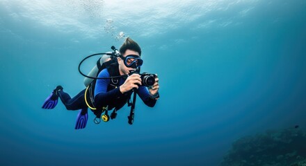 Asian male diver photographing underwater marine life with camera