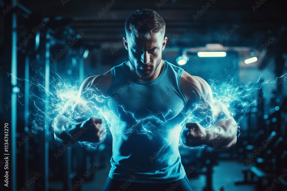 Poster man with a muscular build is shown in a gym with his arms raised in the air. the image is a represen