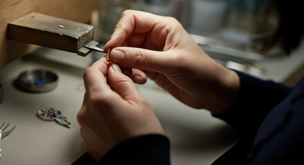 Obraz premium Close-up of hands crafting jewelry with colorful beads at a workbench
