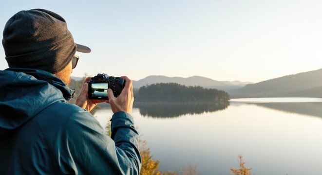 Male photographer capturing scenic lake view at sunrise with mountains in background