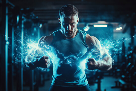  man with a muscular build is shown in a gym with his arms raised in the air. The image is a representation of the idea of strength and power, and the mood is energetic and dynamic