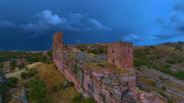 Landscape at the castle of Zafra (12th century). Municipality Campillo Due&ntilde;as. Aerial view from drone. Molina Alto Tajo Geopark. Alto Tajo Natural Park. Guadalajara. Castilla la Mancha. Spain. Europe