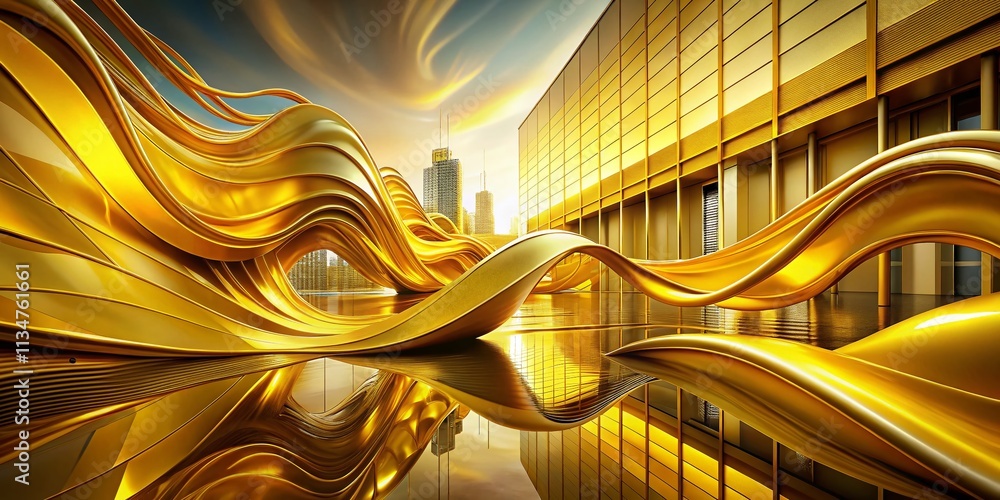 Poster captivating golden yellow abstract fluid motion in architectural design showcasing dynamic forms and