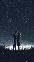 Obraz premium Line drawing of a couple gazing at stars, minimalist style with a bright night sky 