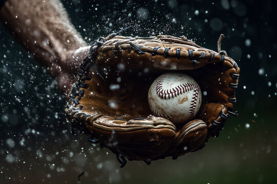 baseball player is holding a baseball in a glove. The glove is wet and the ball is dirty