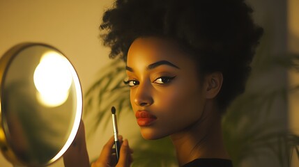 Fototapeta premium Woman applying makeup looking in mirror
