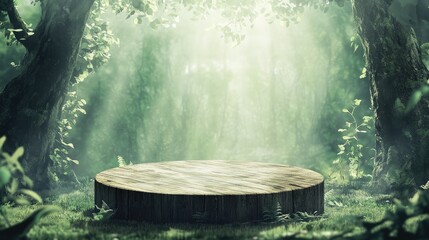 Fototapeta premium Wooden round pedestal in the green forest illustration, scenery of empty product podium in natural environment, green trees around, mystical mood,