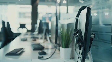 Fototapeta premium Headset and customer support equipment at call center ready for actively service . Corporate business help desk and telephone assistance concept
