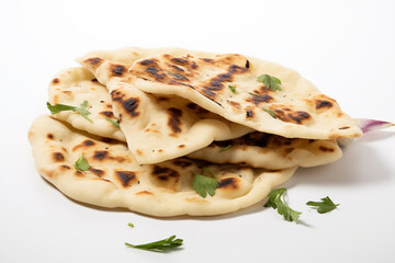 Close-up of freshly cooked and hot garlic naan, perfectly baked with a golden texture, showcasing its appetizing flavor and aroma, displayed neatly on a clean white background for food presentation