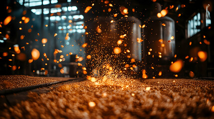 Hot sparks fly during metalworking in a dark industrial setting.
