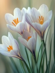 Fototapeta premium White crocus flowers bloom gracefully in the garden during early spring, showcasing delicate petals and vibrant orange stamen in soft sunlight