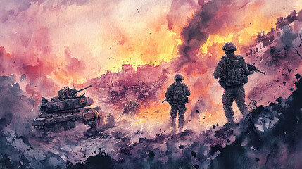 Fototapeta premium A dramatic watercolor illustration of two soldiers standing on the battlefield