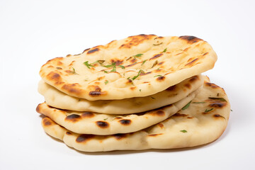 Close-up of freshly cooked and hot garlic naan, perfectly baked with a golden texture, showcasing its appetizing flavor and aroma, displayed neatly on a clean white background for food presentation