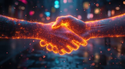 Cyberpunk Handshake Digital Artwork Glowing Particles Technology Business Partnership Trust Agreement