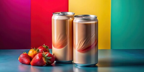 Obraz premium Two aluminum cans of creamy beverage with strawberry reflections on the side, positioned in front of a colorful backdrop.