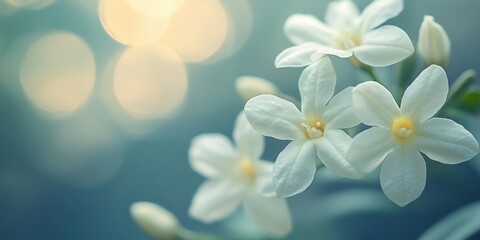 Delicate white flowers bloom softly against a tranquil blurred background during a serene morning light
