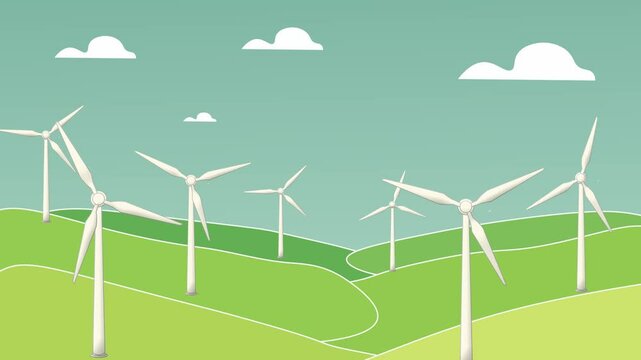 Cartoon animation of Wind Turbines in green field with blue sky background. environment and alternative energy or electricity.