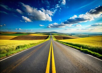 Fototapeta premium Captivating Landscape of a Long Straight Road with Two Yellow Lines, Symbolizing Simple Road Effortless Strategies for a Journey of Discovery and Freedom