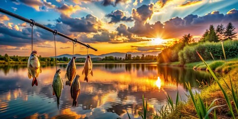 Obraz premium Captivating Landscape of a Fish on a Hook with Fishing Rods in Tranquil Nature, Illuminated by Soft Sunset Glow Reflecting on Calm Waters