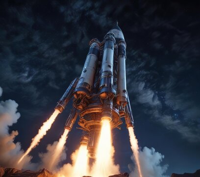 Blazing rocket engine against a backdrop of dark blue night sky with stars and wispy clouds, rocket engine, fire, explosion