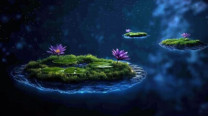 Fototapeta premium Enchanted Floating Island with Glowing Lotus Flowers under Starry Night Sky
