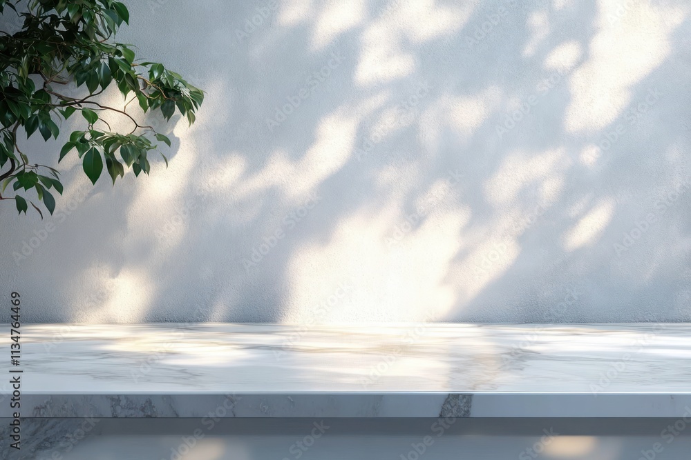 Poster marble countertop with soft light and tree shadow on gray wall for product display mockup
