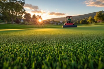 A golf course groundskeeper mowing the green with professional equipment. Generative AI