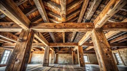 Obraz premium A view of the intricate wooden beams and supports of an old attic, showcasing the craftsmanship of bygone eras